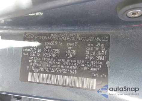 2007 Hyundai Santa Fe Gls z USA, uszkodzony, nr VIN 5NMSG13D57H054641